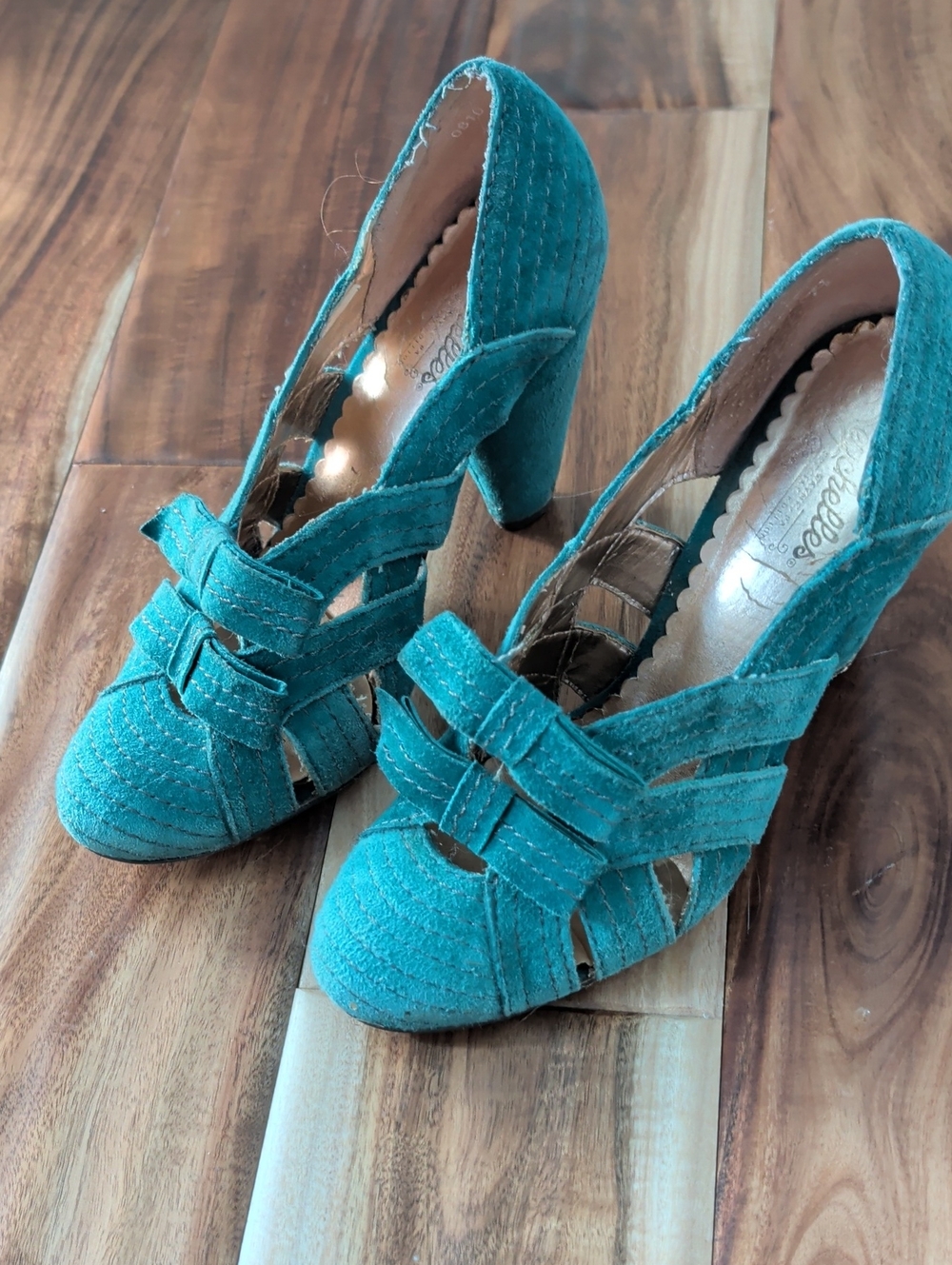 Seychelles Teal Suede Peep-Toe Heels with Bow Detail